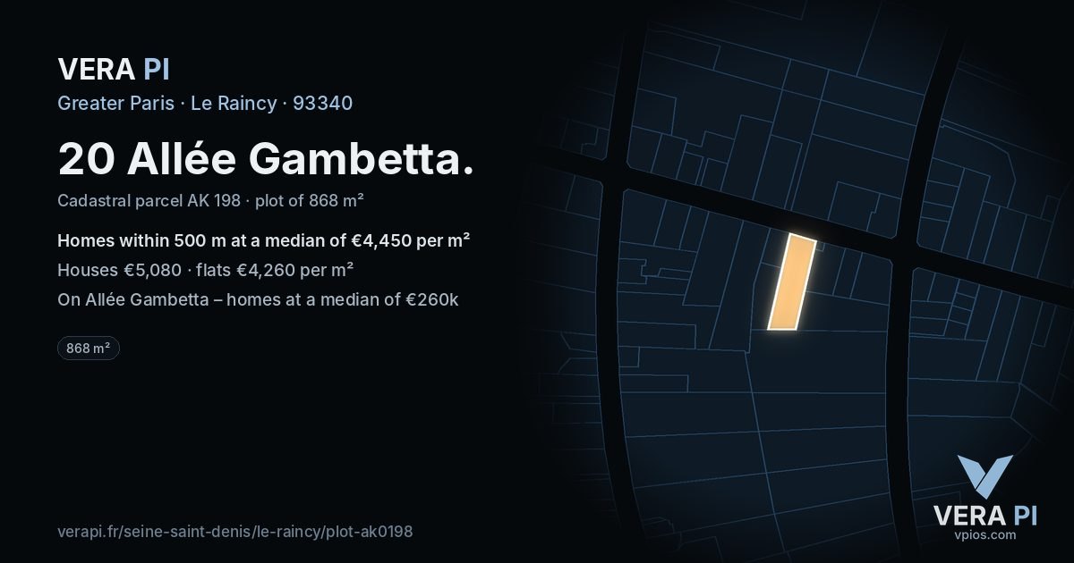 20 Allée Gambetta, Le Raincy at night – the plot lit, the parcels around coloured by the prices near them