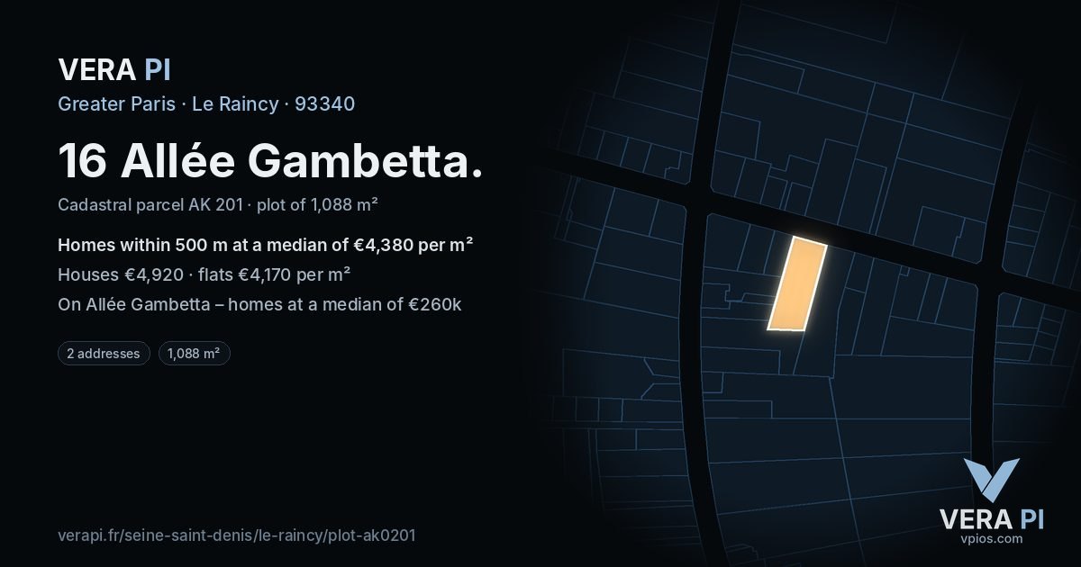 16 Allée Gambetta, Le Raincy at night – the plot lit, the parcels around coloured by the prices near them