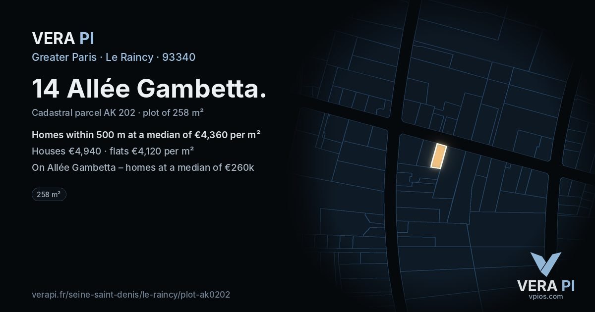 14 Allée Gambetta, Le Raincy at night – the plot lit, the parcels around coloured by the prices near them