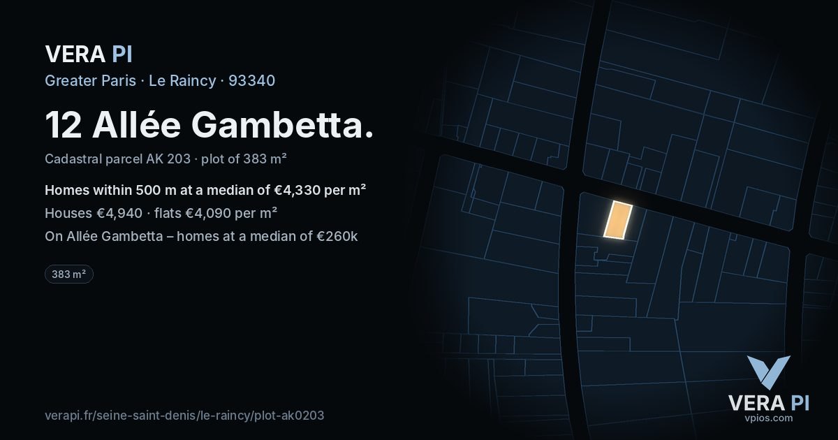 12 Allée Gambetta, Le Raincy at night – the plot lit, the parcels around coloured by the prices near them