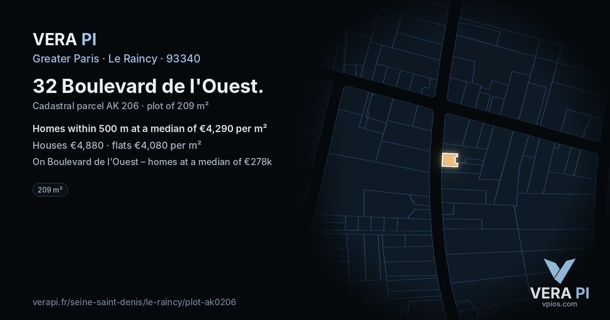 32 Boulevard de l'Ouest, Le Raincy at night – the plot lit, the parcels around coloured by the prices near them