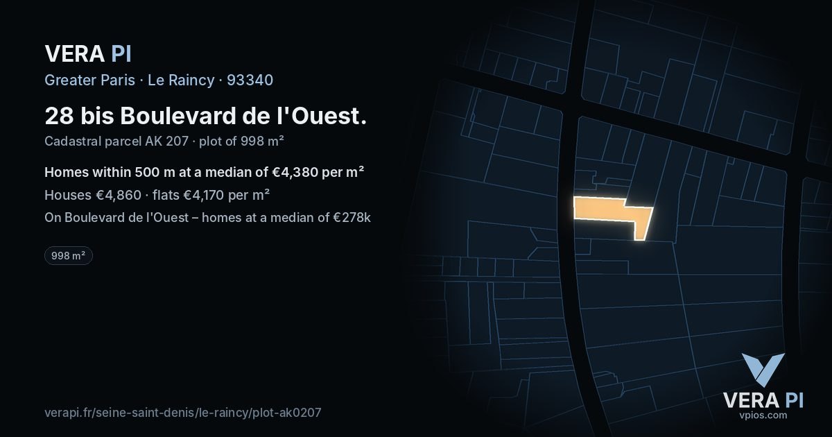 28 bis Boulevard de l'Ouest, Le Raincy at night – the plot lit, the parcels around coloured by the prices near them