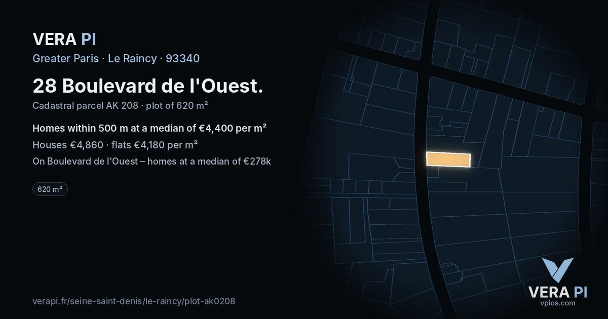 28 Boulevard de l'Ouest, Le Raincy at night – the plot lit, the parcels around coloured by the prices near them