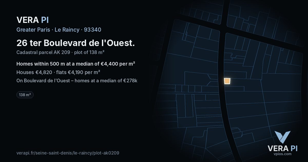 26 ter Boulevard de l'Ouest, Le Raincy at night – the plot lit, the parcels around coloured by the prices near them