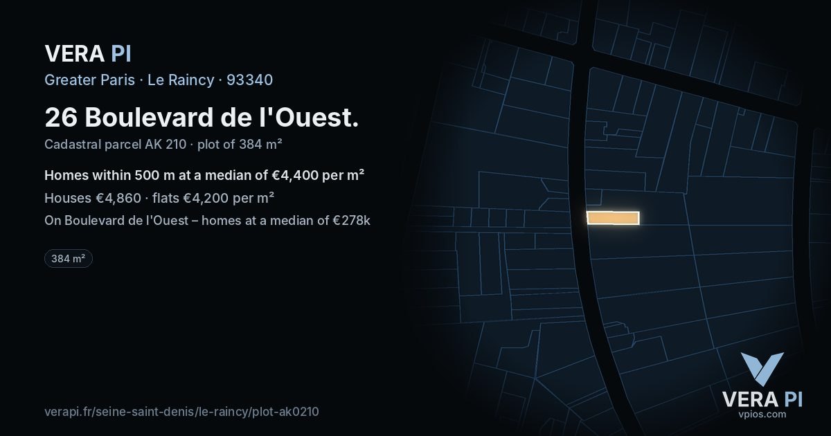 26 Boulevard de l'Ouest, Le Raincy at night – the plot lit, the parcels around coloured by the prices near them
