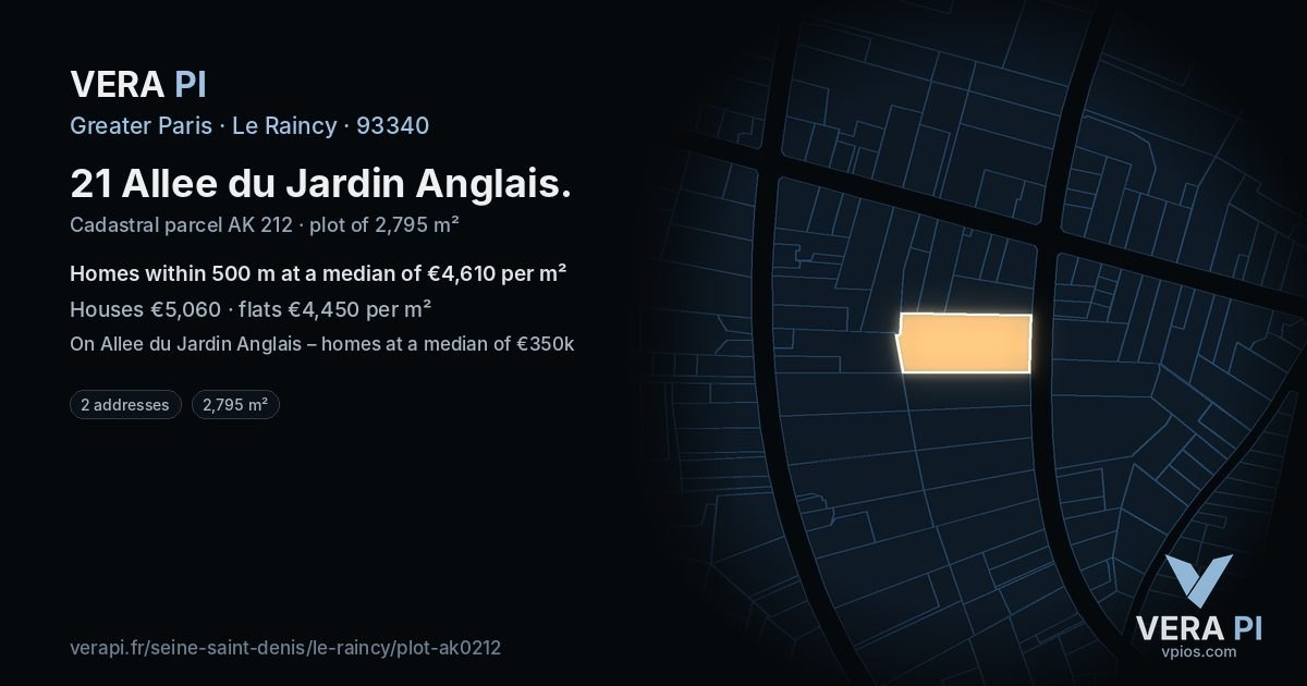 21 Allee du Jardin Anglais, Le Raincy at night – the plot lit, the parcels around coloured by the prices near them