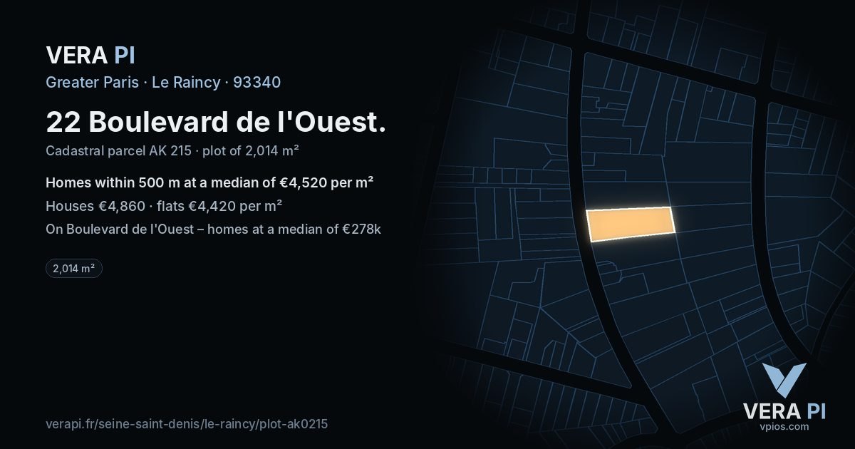 22 Boulevard de l'Ouest, Le Raincy at night – the plot lit, the parcels around coloured by the prices near them