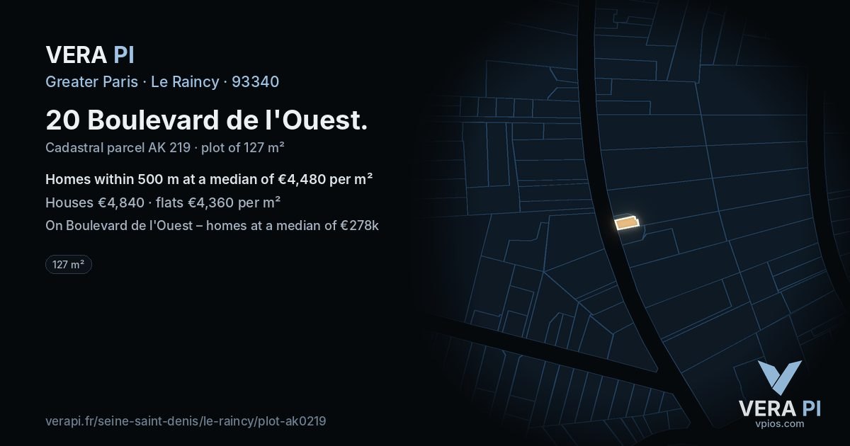 20 Boulevard de l'Ouest, Le Raincy at night – the plot lit, the parcels around coloured by the prices near them