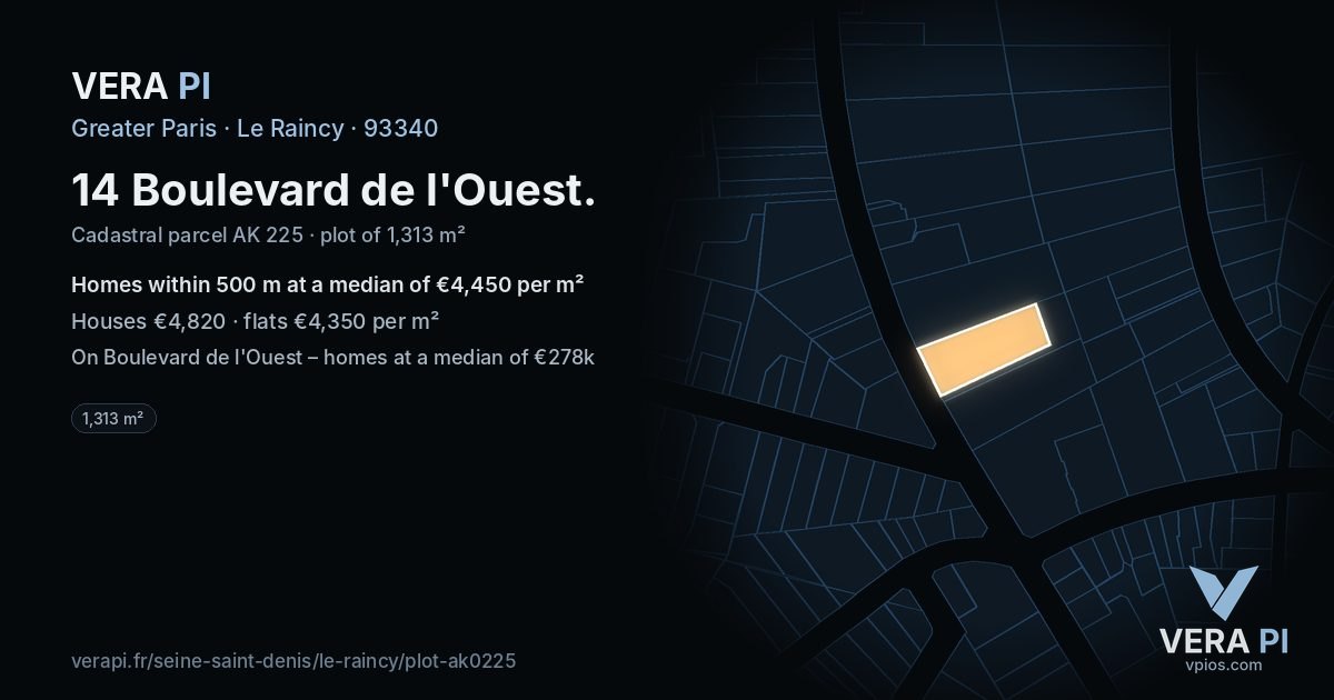 14 Boulevard de l'Ouest, Le Raincy at night – the plot lit, the parcels around coloured by the prices near them