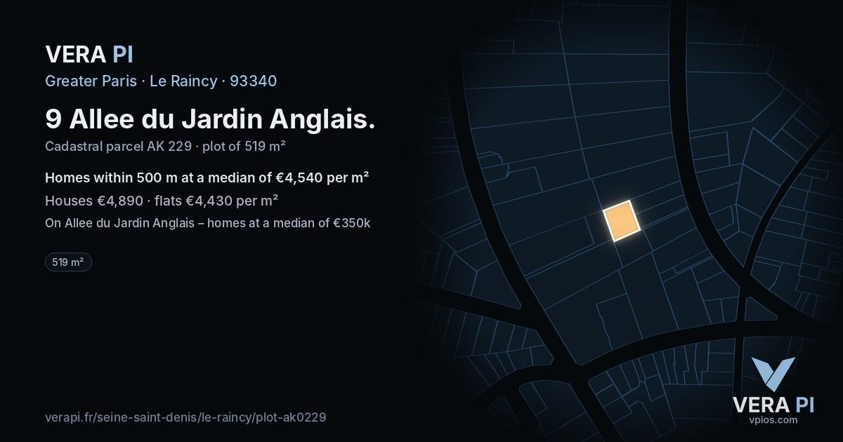 9 Allee du Jardin Anglais, Le Raincy at night – the plot lit, the parcels around coloured by the prices near them