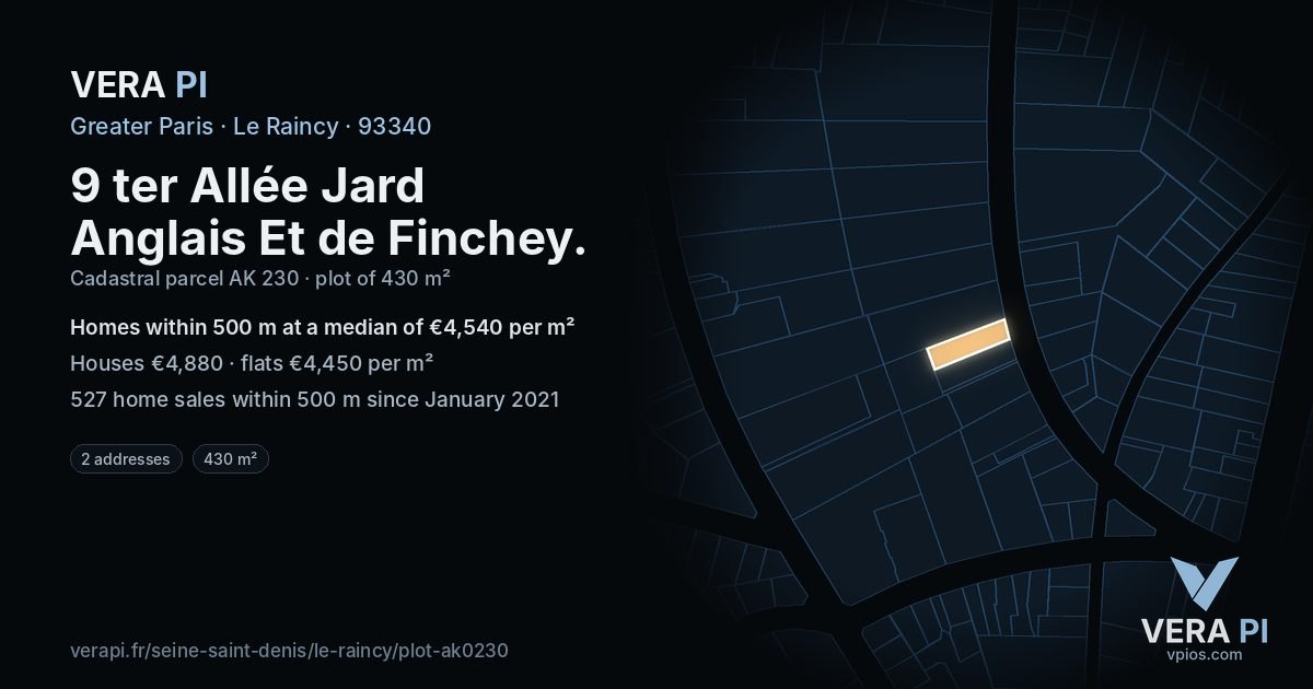 9 ter Allée Jard Anglais Et de Finchey, Le Raincy at night – the plot lit, the parcels around coloured by the prices near them