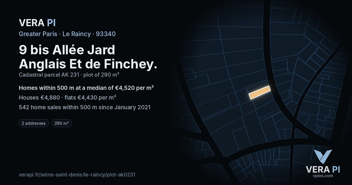 9 bis Allée Jard Anglais Et de Finchey, Le Raincy at night – the plot lit, the parcels around coloured by the prices near them