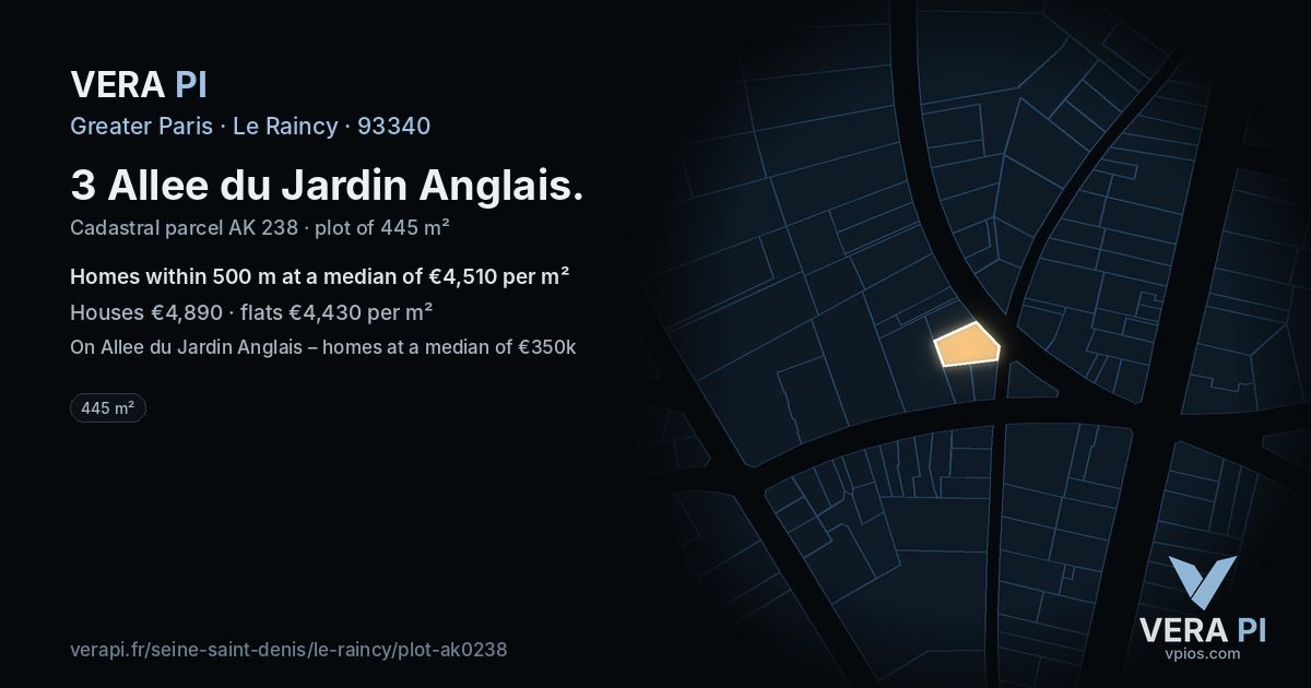 3 Allee du Jardin Anglais, Le Raincy at night – the plot lit, the parcels around coloured by the prices near them