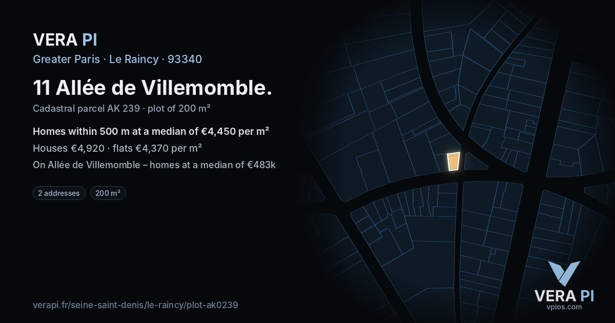 11 Allée de Villemomble, Le Raincy at night – the plot lit, the parcels around coloured by the prices near them