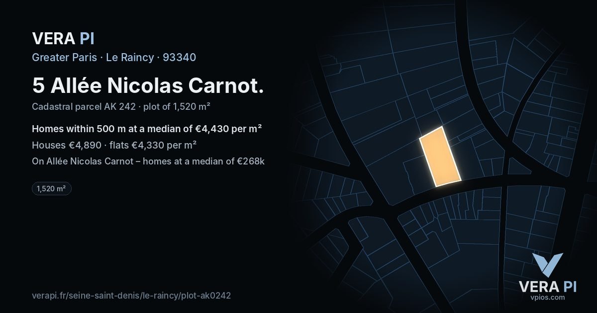 5 Allée Nicolas Carnot, Le Raincy at night – the plot lit, the parcels around coloured by the prices near them