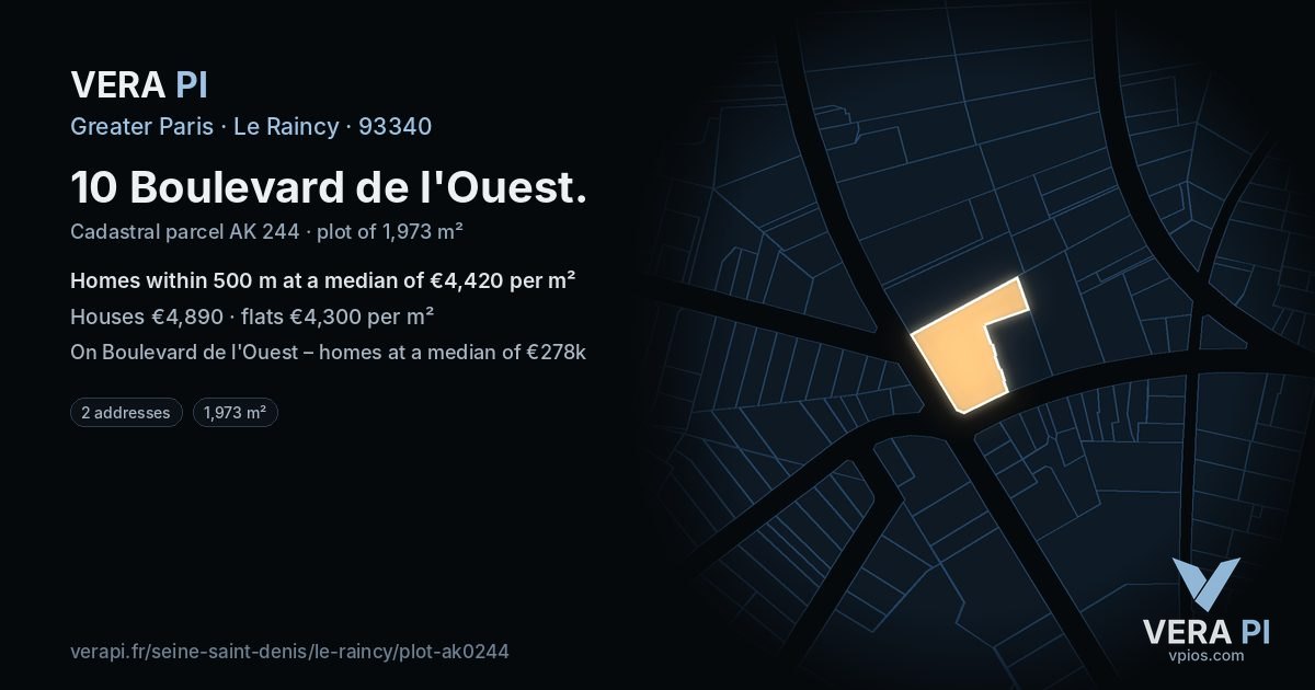 10 Boulevard de l'Ouest, Le Raincy at night – the plot lit, the parcels around coloured by the prices near them