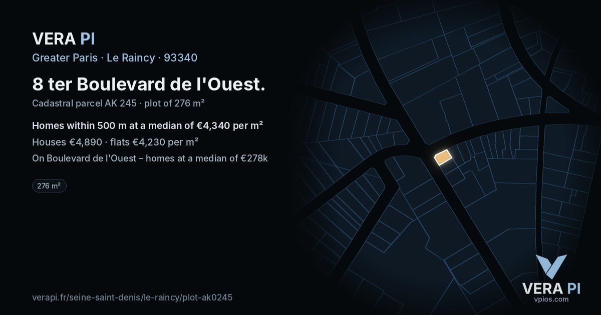 8 ter Boulevard de l'Ouest, Le Raincy at night – the plot lit, the parcels around coloured by the prices near them