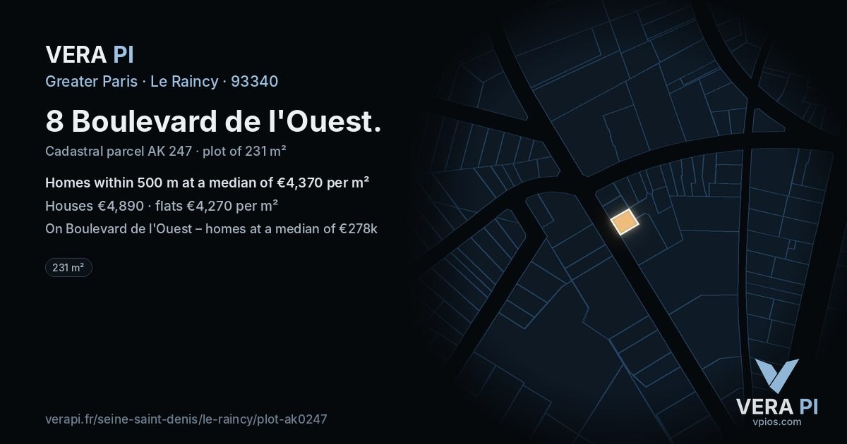 8 Boulevard de l'Ouest, Le Raincy at night – the plot lit, the parcels around coloured by the prices near them