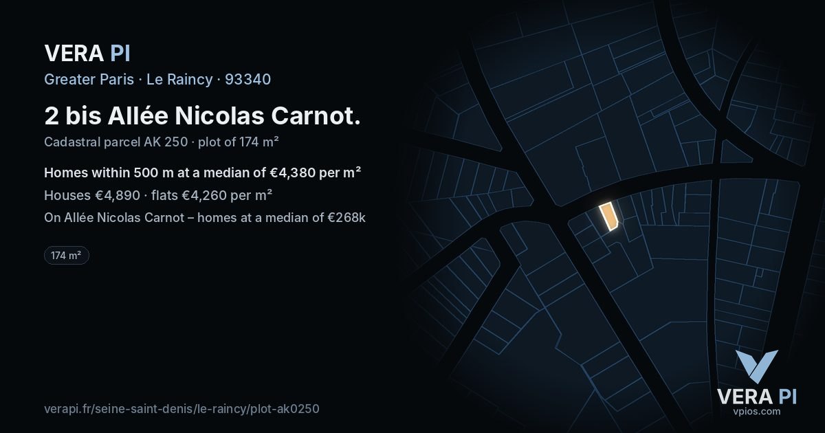 2 bis Allée Nicolas Carnot, Le Raincy at night – the plot lit, the parcels around coloured by the prices near them