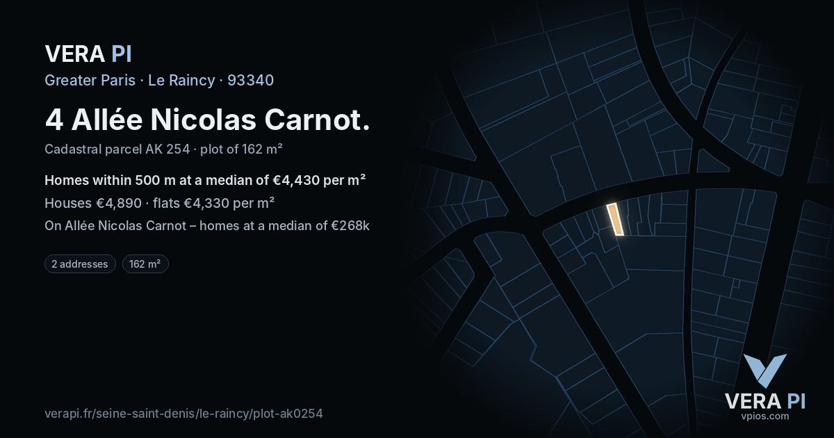 4 Allée Nicolas Carnot, Le Raincy at night – the plot lit, the parcels around coloured by the prices near them