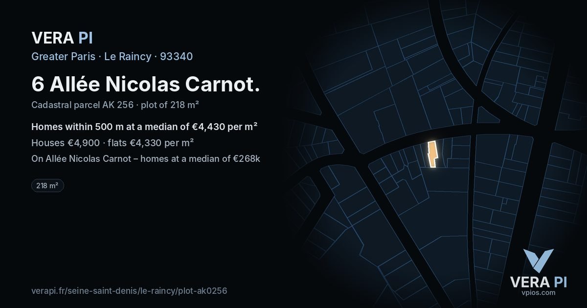 6 Allée Nicolas Carnot, Le Raincy at night – the plot lit, the parcels around coloured by the prices near them