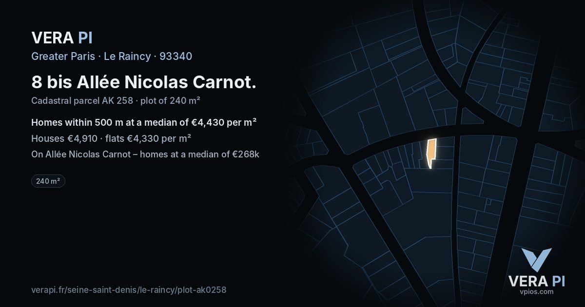 8 bis Allée Nicolas Carnot, Le Raincy at night – the plot lit, the parcels around coloured by the prices near them