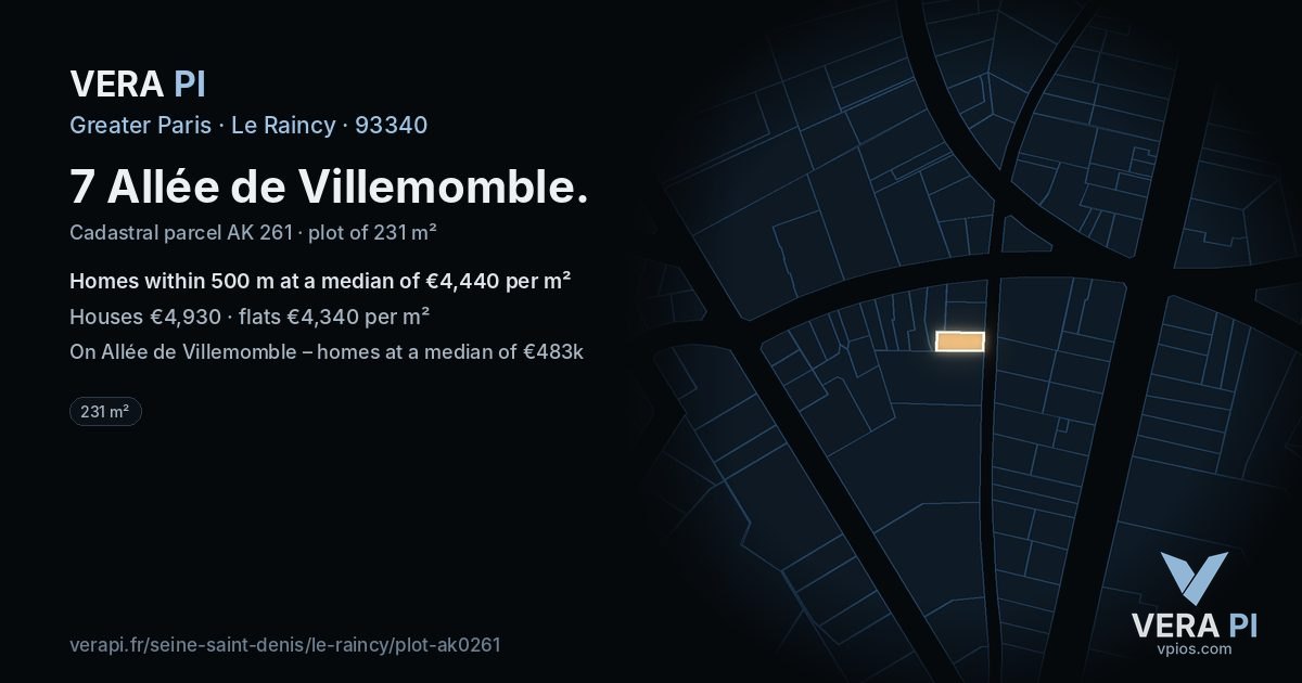 7 Allée de Villemomble, Le Raincy at night – the plot lit, the parcels around coloured by the prices near them