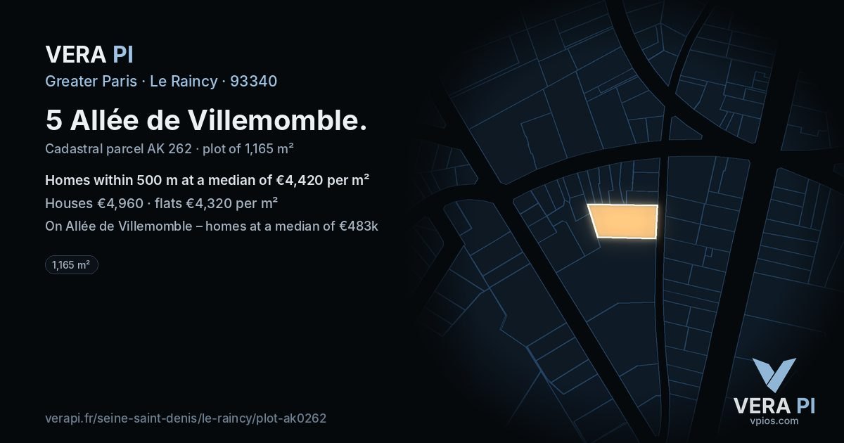 5 Allée de Villemomble, Le Raincy at night – the plot lit, the parcels around coloured by the prices near them