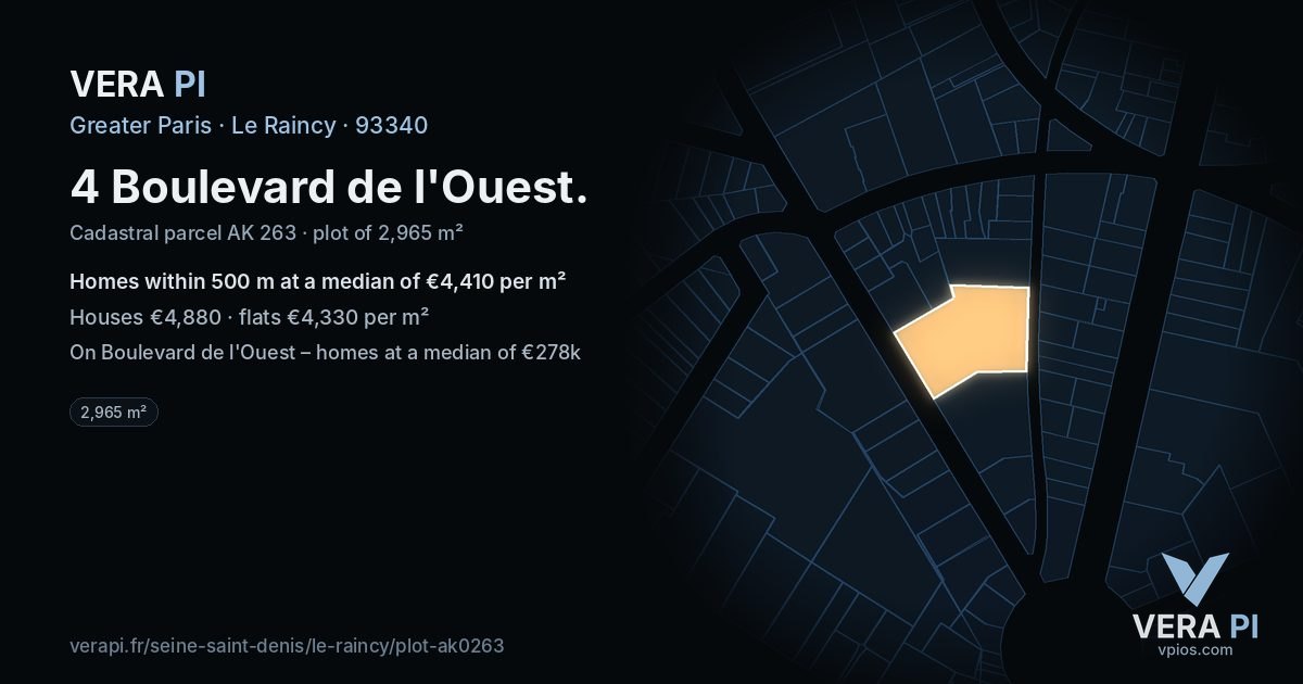 4 Boulevard de l'Ouest, Le Raincy at night – the plot lit, the parcels around coloured by the prices near them