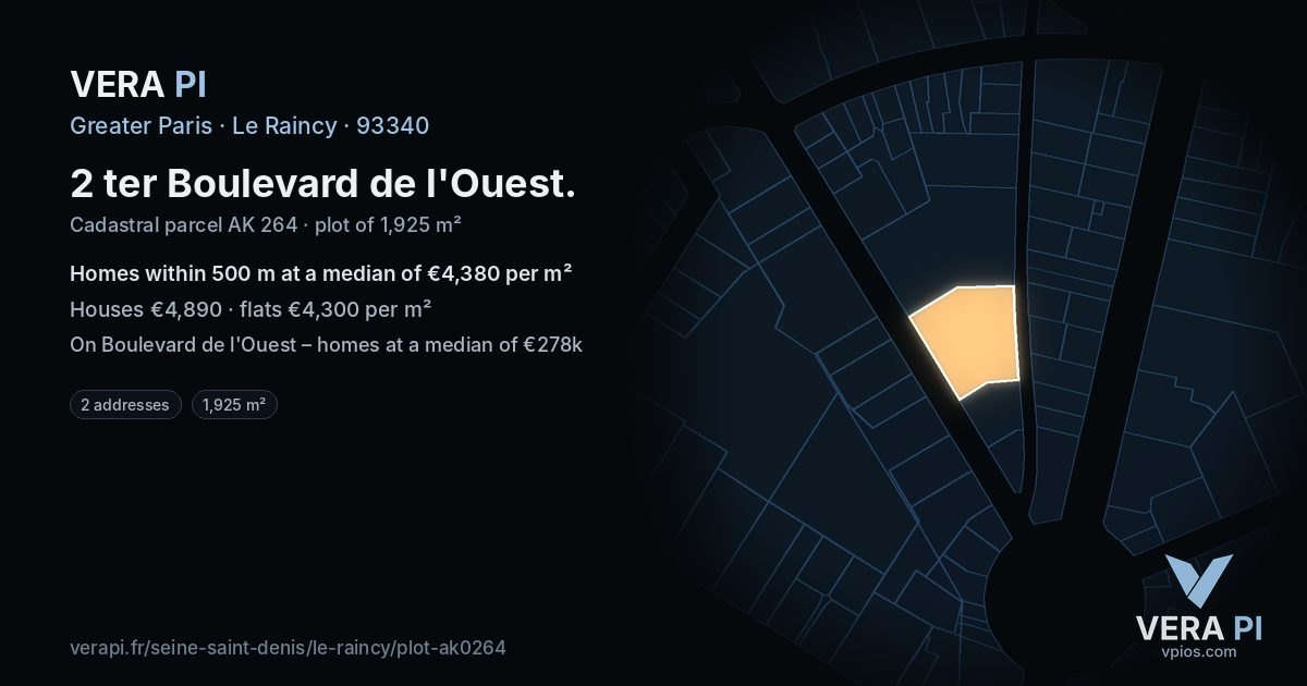 2 ter Boulevard de l'Ouest, Le Raincy at night – the plot lit, the parcels around coloured by the prices near them
