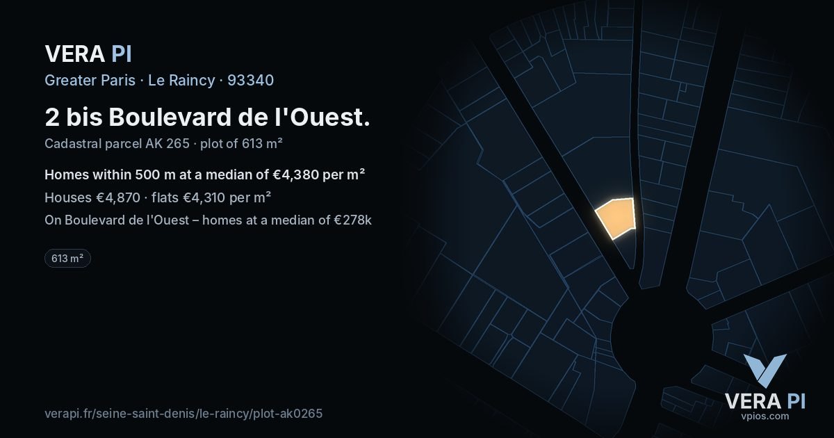 2 bis Boulevard de l'Ouest, Le Raincy at night – the plot lit, the parcels around coloured by the prices near them