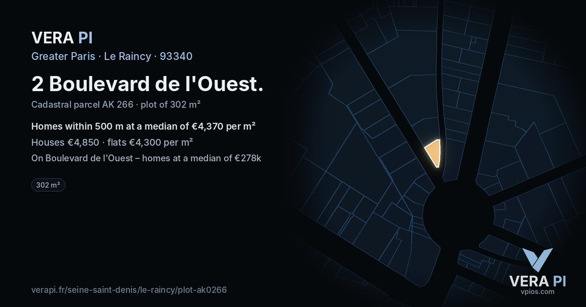 2 Boulevard de l'Ouest, Le Raincy at night – the plot lit, the parcels around coloured by the prices near them