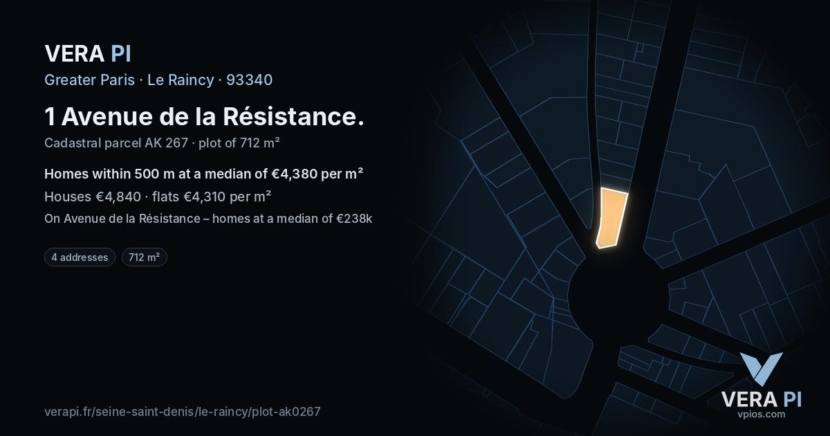 1 Avenue de la Résistance, Le Raincy at night – the plot lit, the parcels around coloured by the prices near them