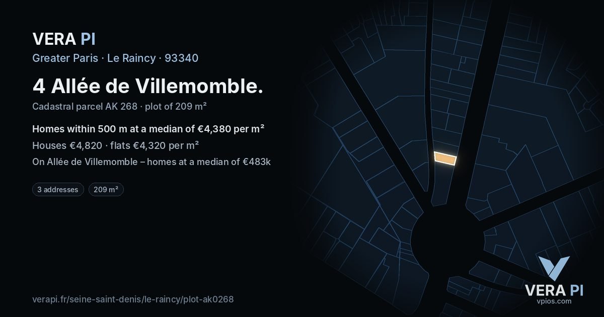 4 Allée de Villemomble, Le Raincy at night – the plot lit, the parcels around coloured by the prices near them