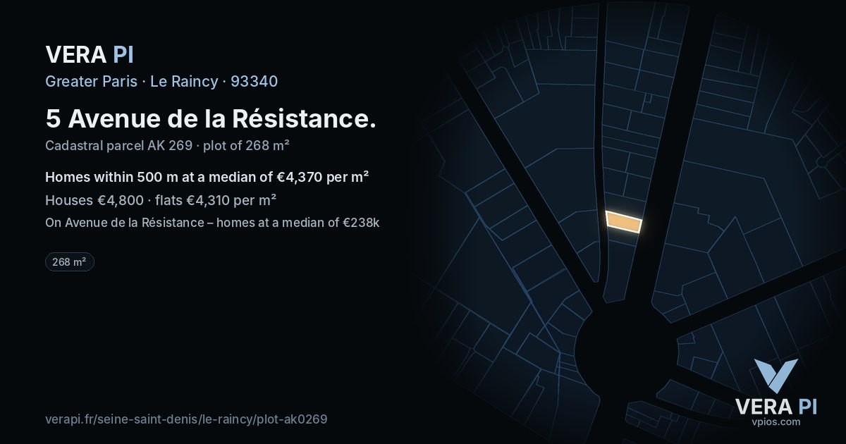 5 Avenue de la Résistance, Le Raincy at night – the plot lit, the parcels around coloured by the prices near them