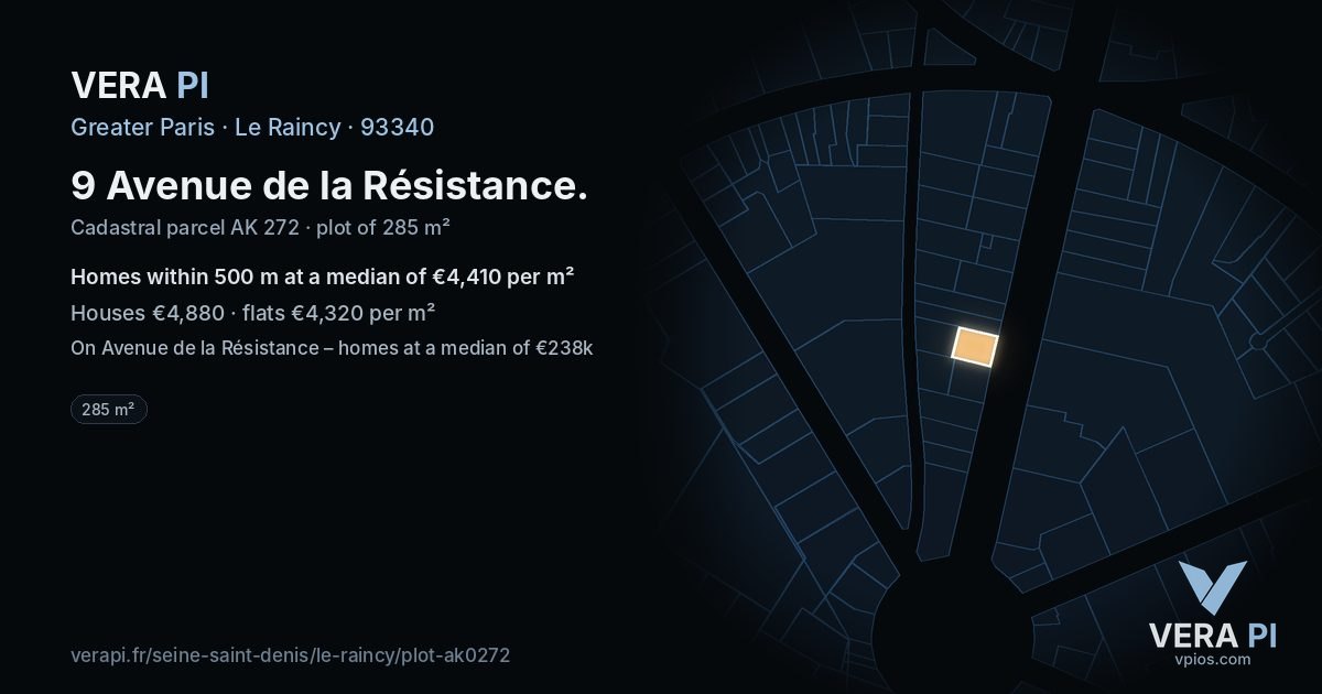 9 Avenue de la Résistance, Le Raincy at night – the plot lit, the parcels around coloured by the prices near them