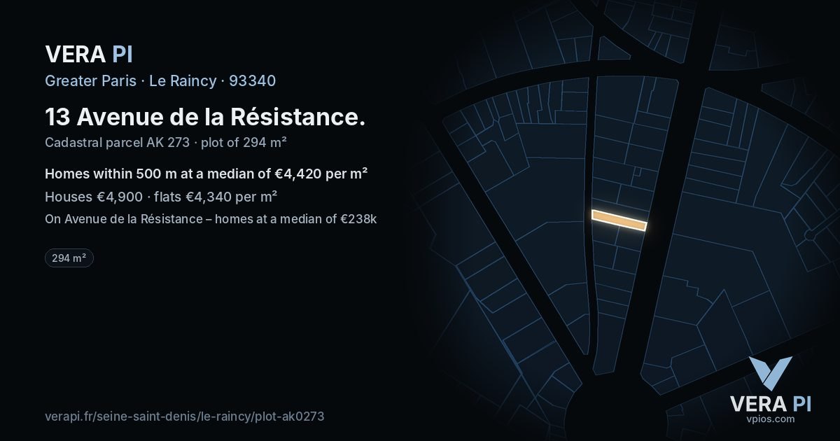 13 Avenue de la Résistance, Le Raincy at night – the plot lit, the parcels around coloured by the prices near them