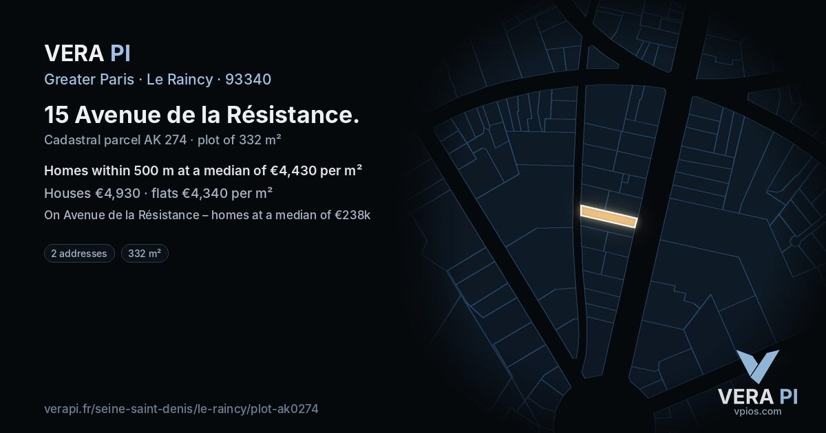 15 Avenue de la Résistance, Le Raincy at night – the plot lit, the parcels around coloured by the prices near them