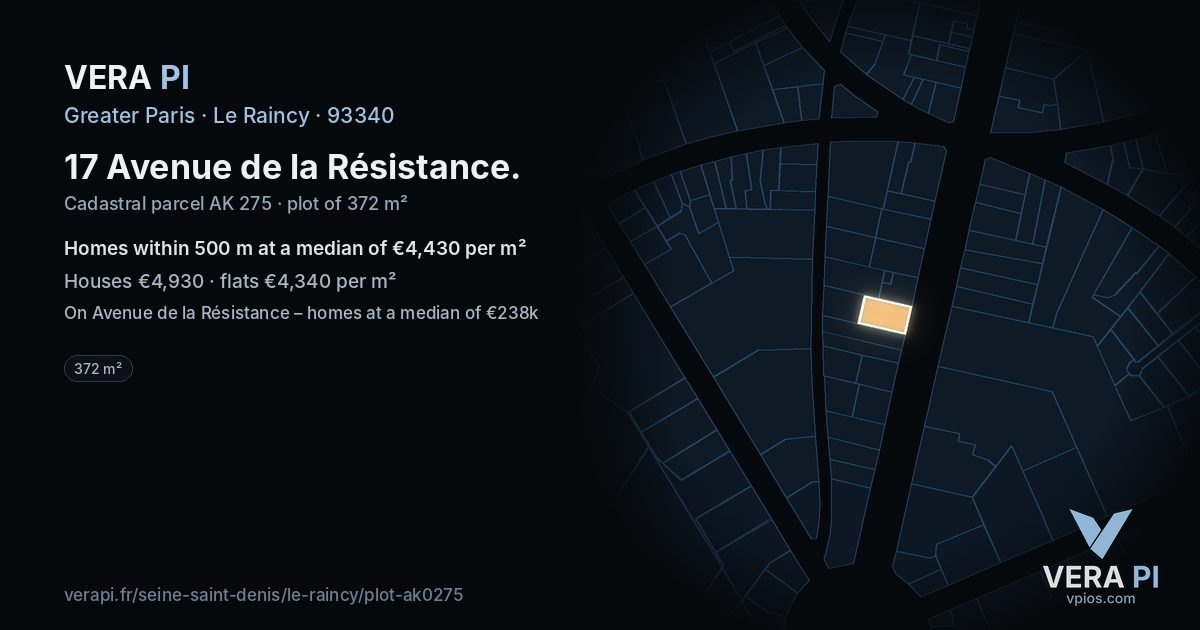 17 Avenue de la Résistance, Le Raincy at night – the plot lit, the parcels around coloured by the prices near them