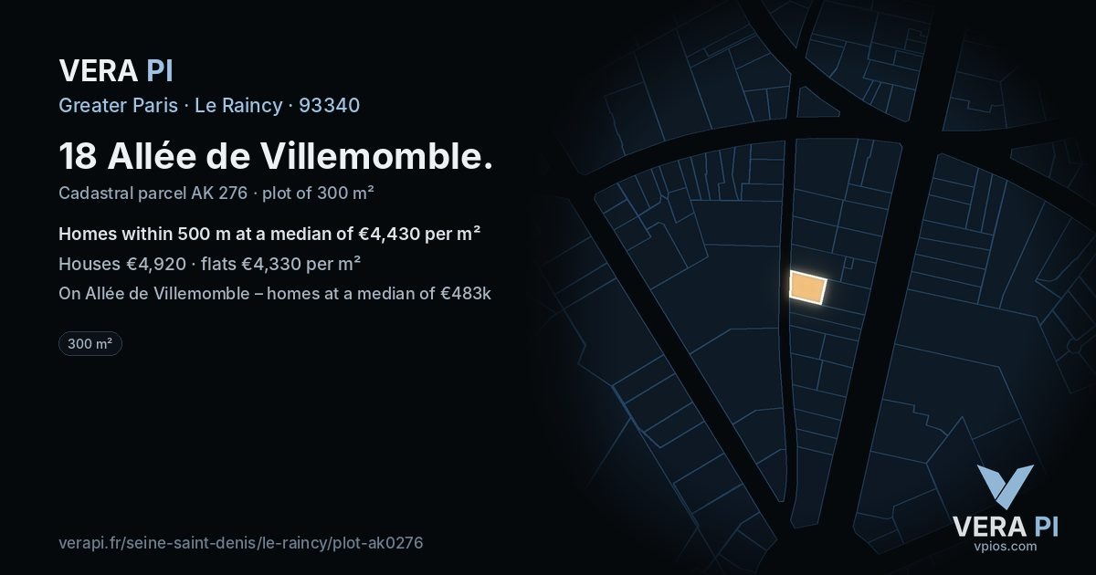 18 Allée de Villemomble, Le Raincy at night – the plot lit, the parcels around coloured by the prices near them