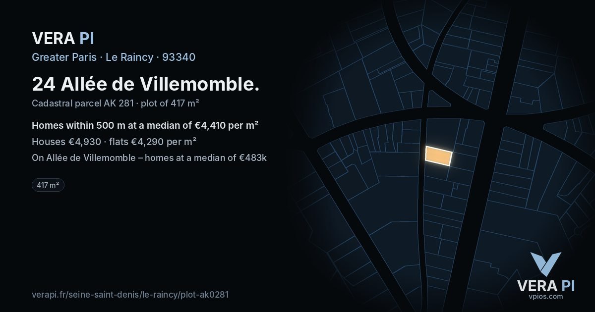 24 Allée de Villemomble, Le Raincy at night – the plot lit, the parcels around coloured by the prices near them