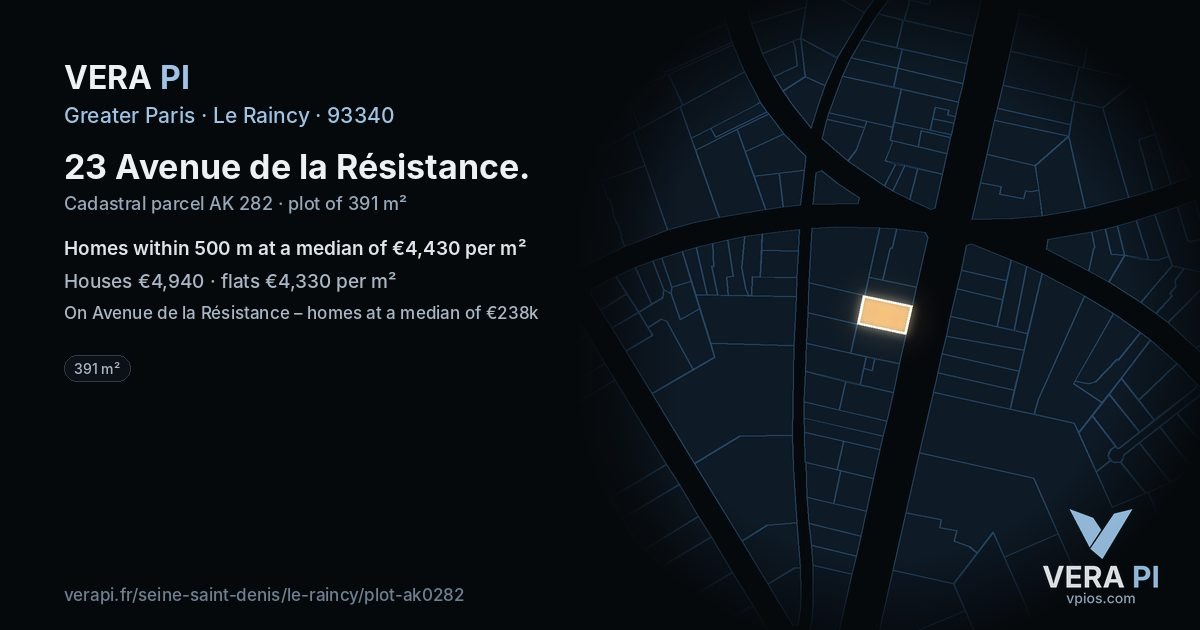 23 Avenue de la Résistance, Le Raincy at night – the plot lit, the parcels around coloured by the prices near them