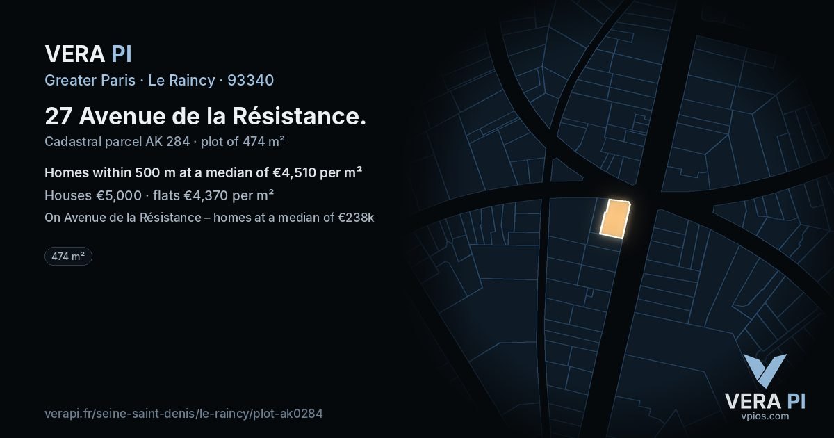 27 Avenue de la Résistance, Le Raincy at night – the plot lit, the parcels around coloured by the prices near them