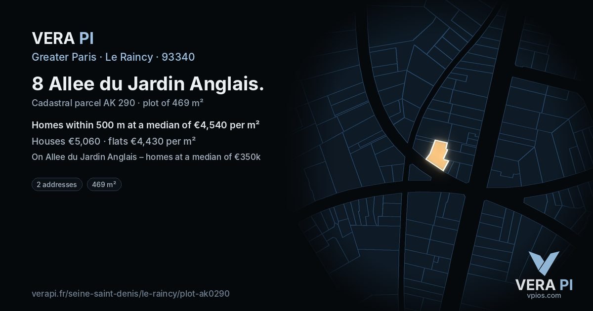 8 Allee du Jardin Anglais, Le Raincy at night – the plot lit, the parcels around coloured by the prices near them