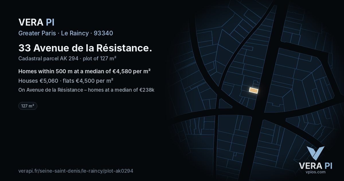 33 Avenue de la Résistance, Le Raincy at night – the plot lit, the parcels around coloured by the prices near them