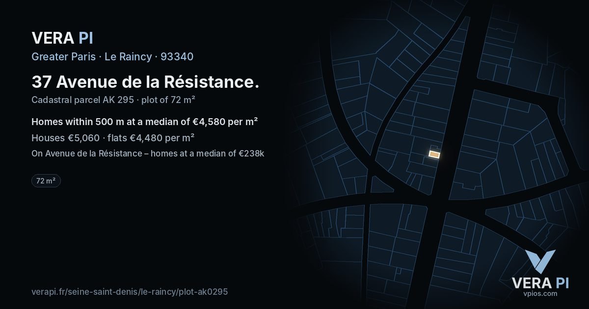 37 Avenue de la Résistance, Le Raincy at night – the plot lit, the parcels around coloured by the prices near them