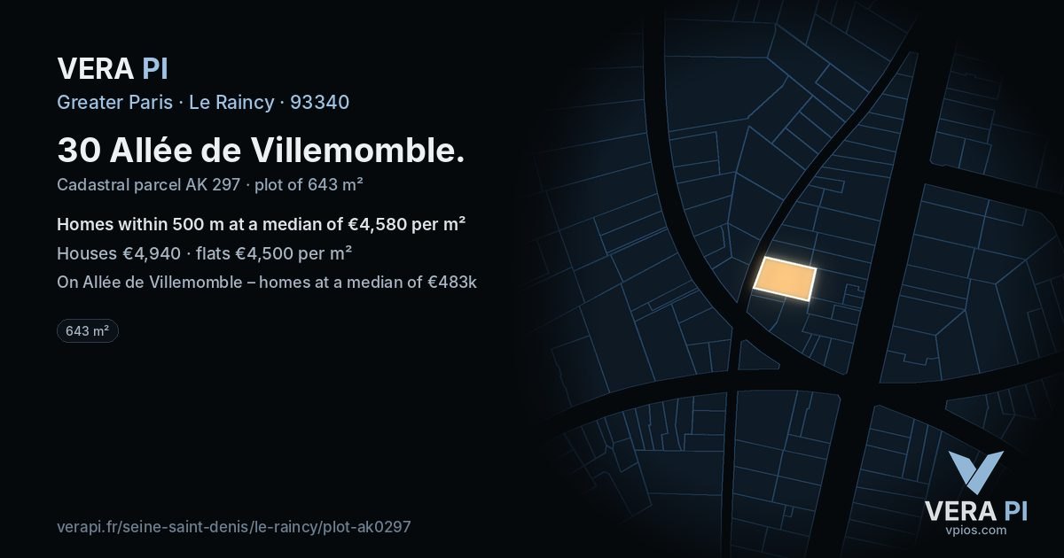30 Allée de Villemomble, Le Raincy at night – the plot lit, the parcels around coloured by the prices near them