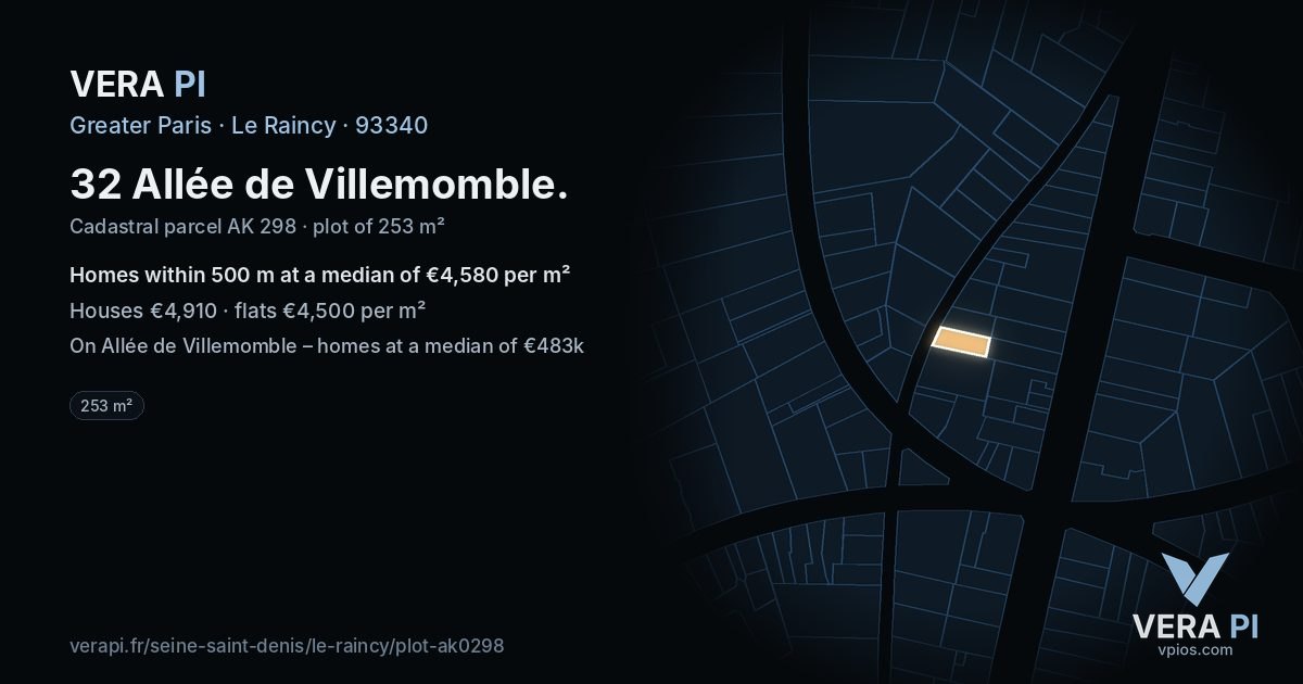 32 Allée de Villemomble, Le Raincy at night – the plot lit, the parcels around coloured by the prices near them