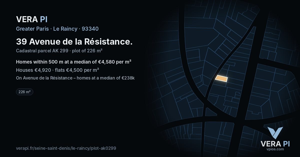 39 Avenue de la Résistance, Le Raincy at night – the plot lit, the parcels around coloured by the prices near them