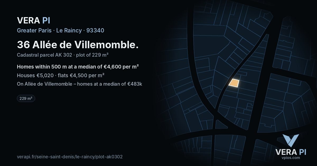 36 Allée de Villemomble, Le Raincy at night – the plot lit, the parcels around coloured by the prices near them